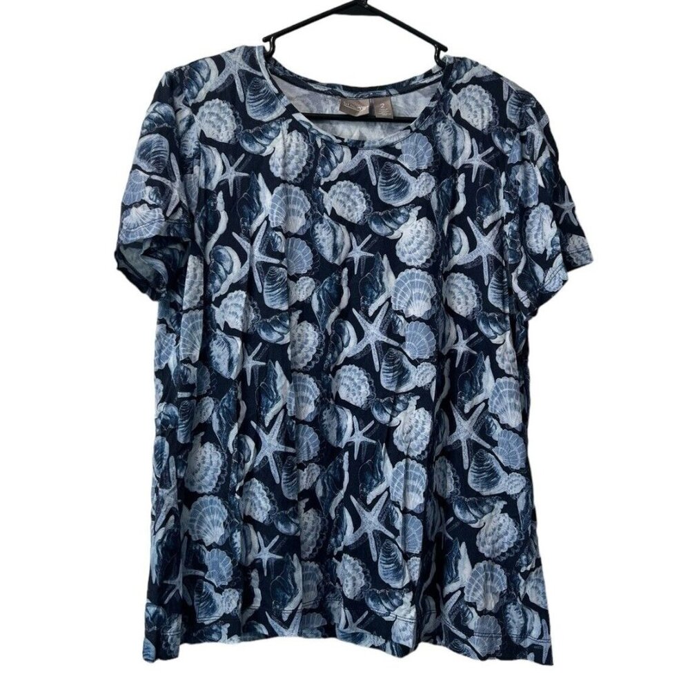 Chico's Size 2 Blue Cotton Modal Tee Shirt Seashell Nautical Beach Travel Modern